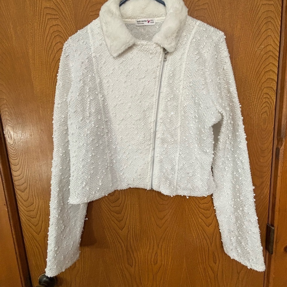Knit Works plus size White Teddy Jacket Cozy Cropped Style